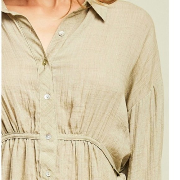 📦Olivia Olive Green Peplum Button Up Linen Blouse - Picture 6 of 6
